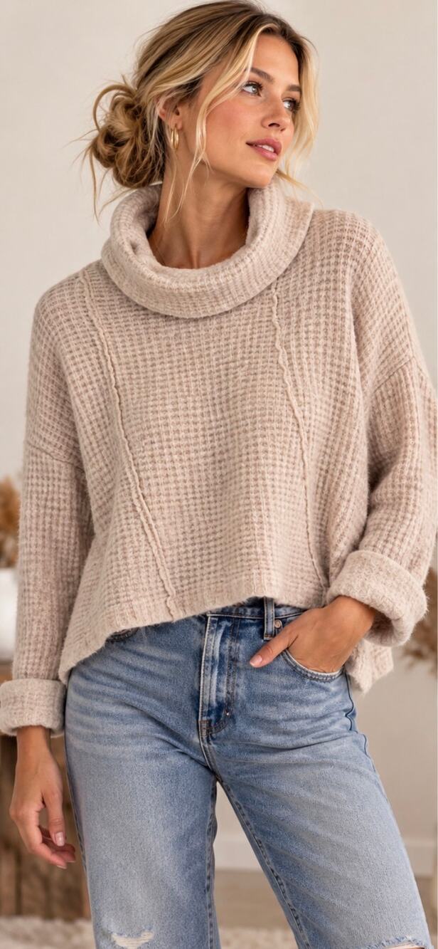 Free People Oatmeal Waffle Knit Cowl Neck Cropped Oversized Sweater Size XS